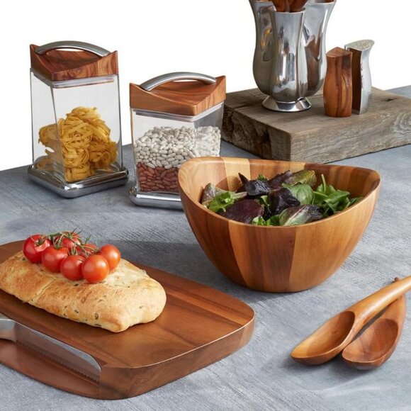 Nambe Harmony 3 Piece Salad Set Bowl & Tongs Brown Acacia Wood NEW $103 - Picture 4 of 13